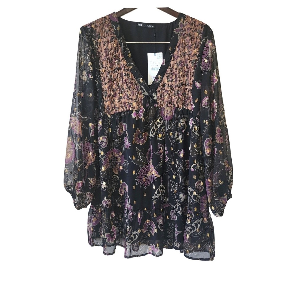 Zara Black Floral Mini Dress with Purple & Gold Accents